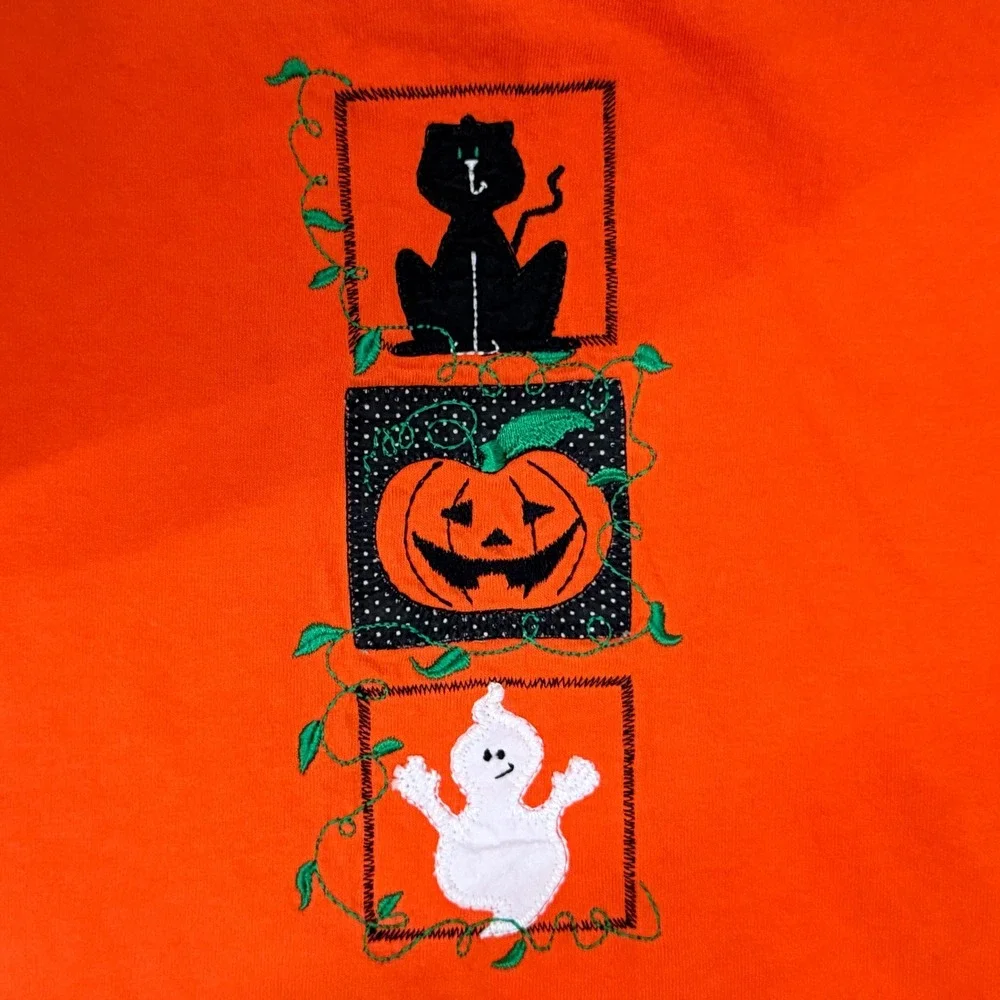 Anvil Vintage Embroidered Halloween Stacked Trio Crew T Shirt, Orange,L